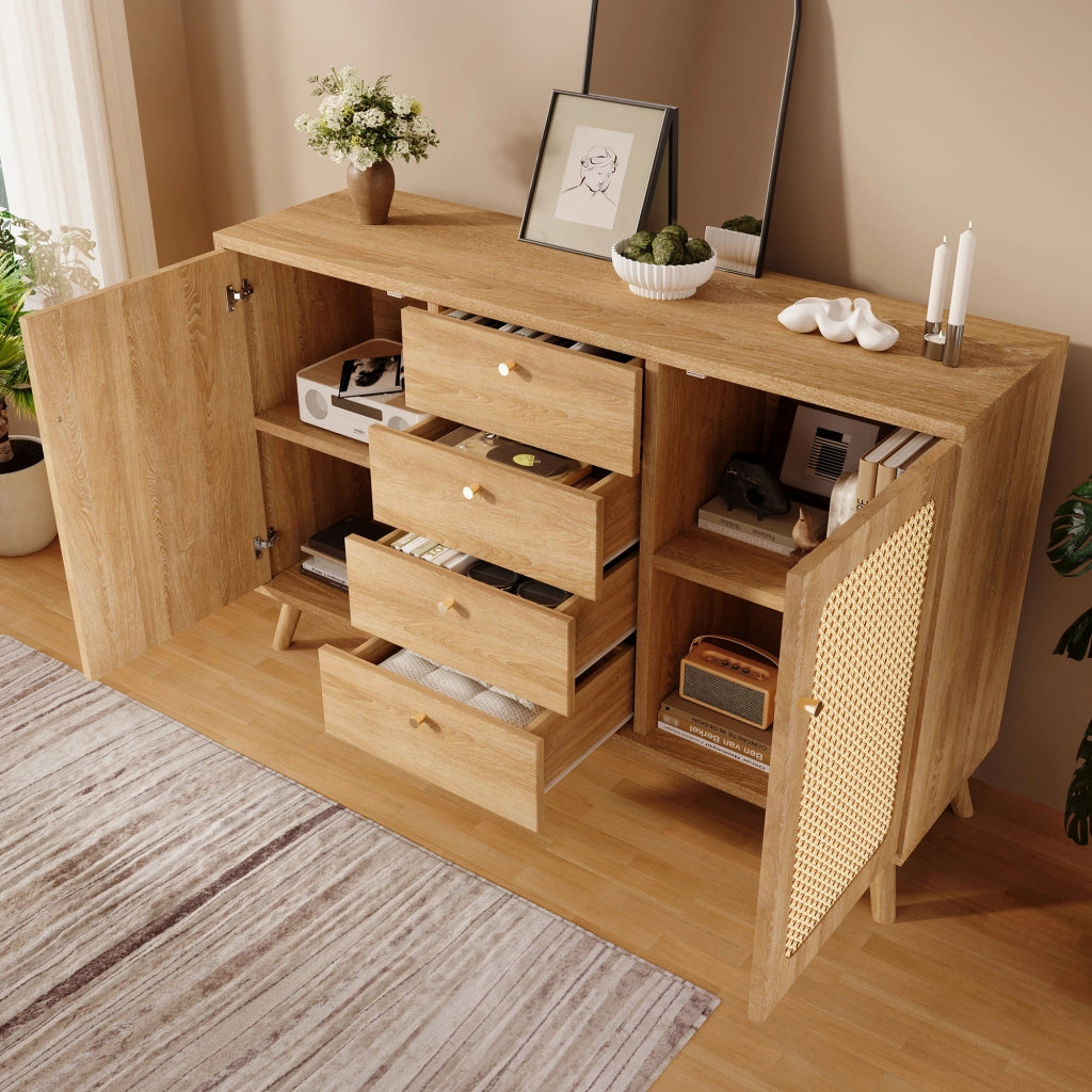 OKWISH Credenza con 2 Ante e 4 Cassetti, Ripiani Regolabili, per Soggiorno Sala da Pranzo Ingresso, 140 x 40 x 86 cm
