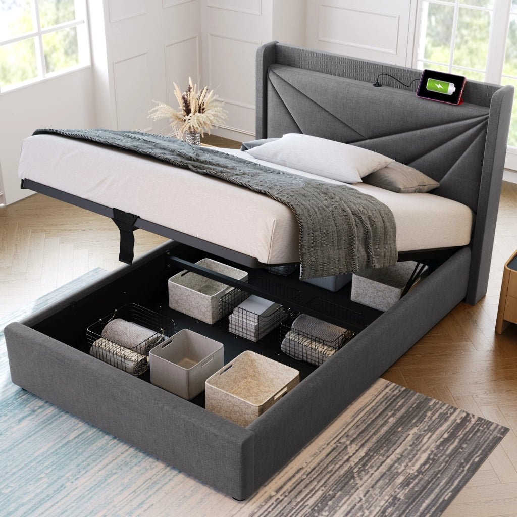 Letto singolo contenitore 90×200 cm con USB e Type-C; testiera; materasso incluso; metallo; grigio