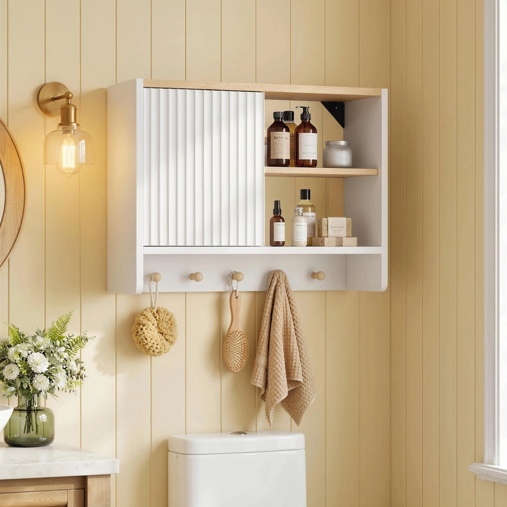 Armadietto da bagno sospeso con ante, ripiani e 5 ganci ¨C zephmum ¨C bianco 60x30x30