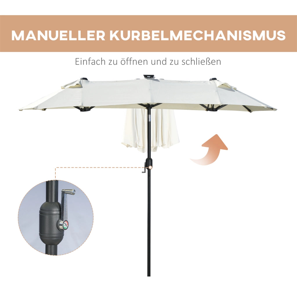 Doppio parasole; parasole da patio; inclinabile; con pannello solare; 35 LED; telaio in acciaio; beige; 2;92 x 1;50 x 2;18 m
