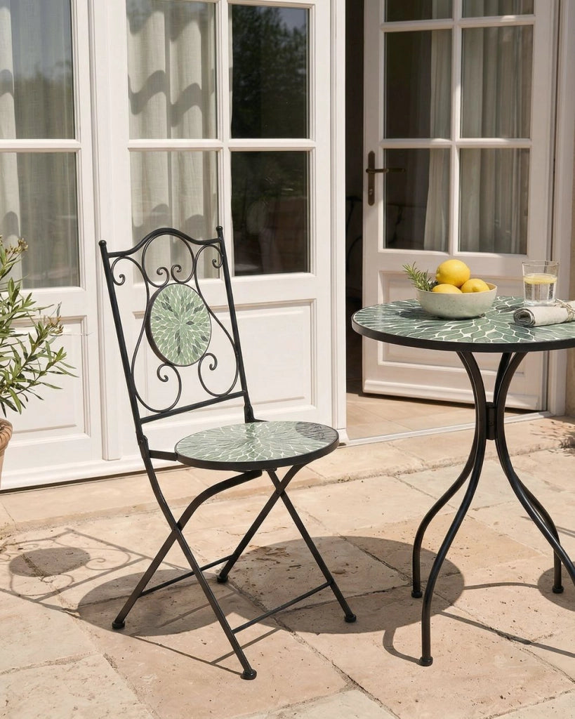 Set di 2 sedie da giardino in ferro nero con piastrelle rotonde in ceramica a mosaico stile ferro battuto pieghevoli