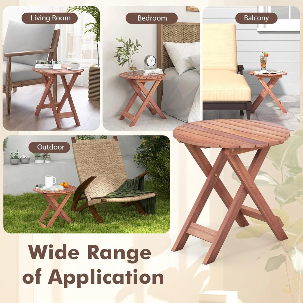 Tavolino in legno di acacia con piano rotondo, punta del divano robusta con gambe incrociate a forma di X, adatto per soggiorno, camera da letto, balcone, esterno, naturale (46 x 45)