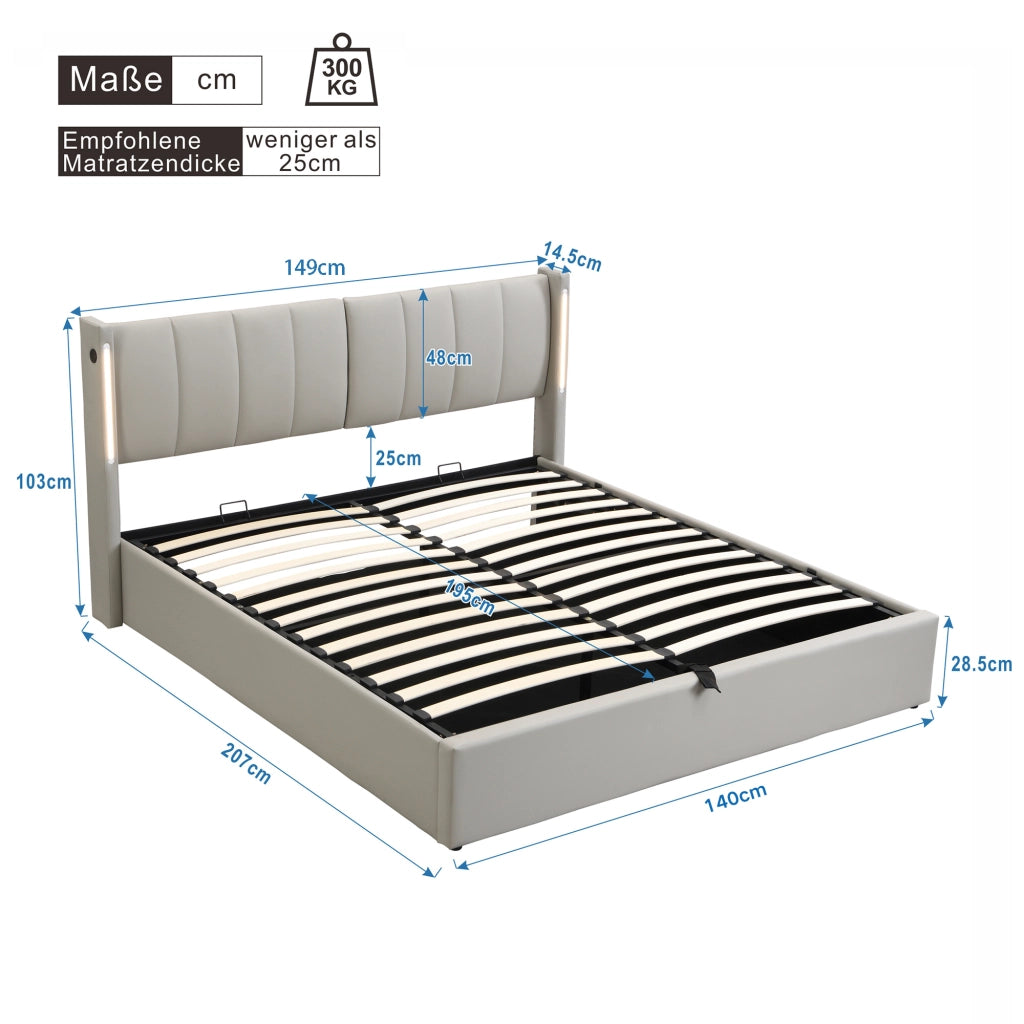 Letto Contenitore 140x200 cm 1 Posto; USB; LED; Testiera Regolabile in PU Grigio