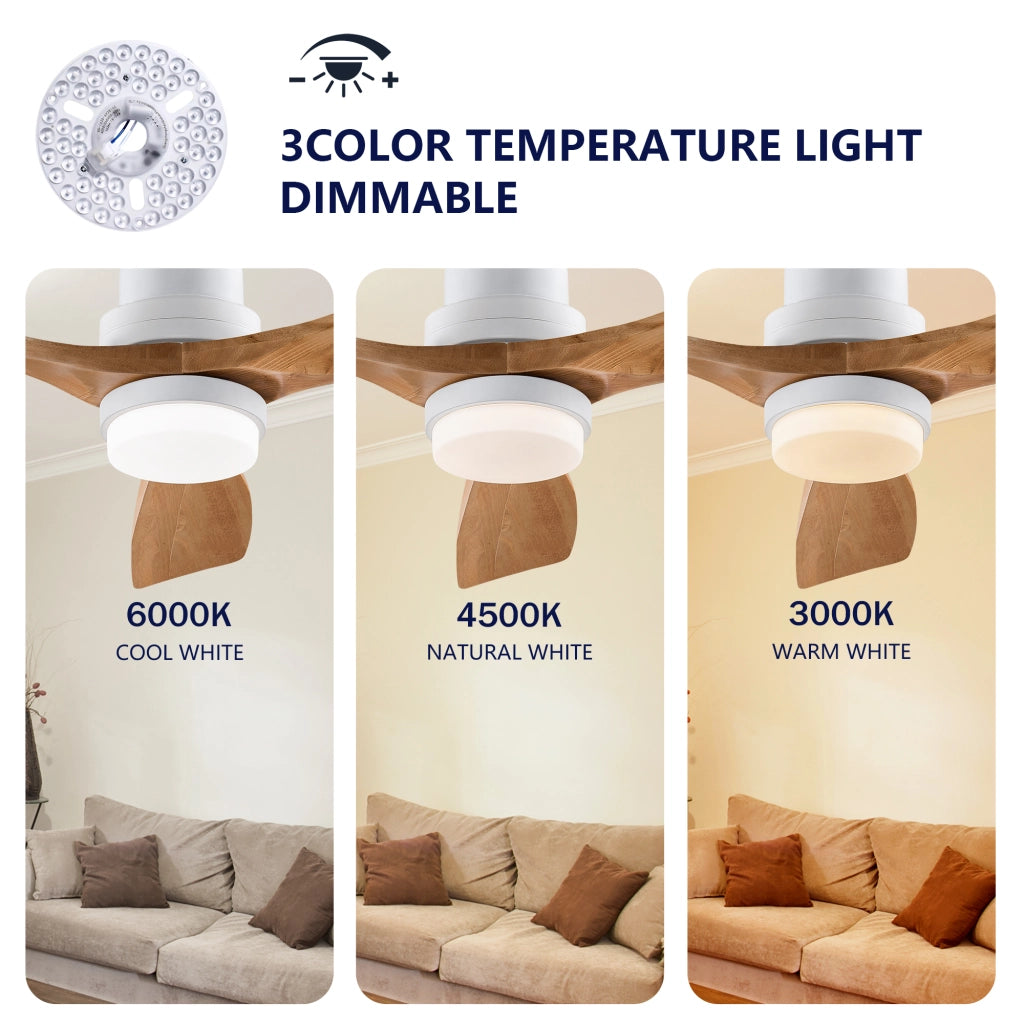 Ventilatore da soffitto 52 pollici con luce, telecomando, funzione dimmer, pale legno massello, risparmio energetico, motore DC silenzioso