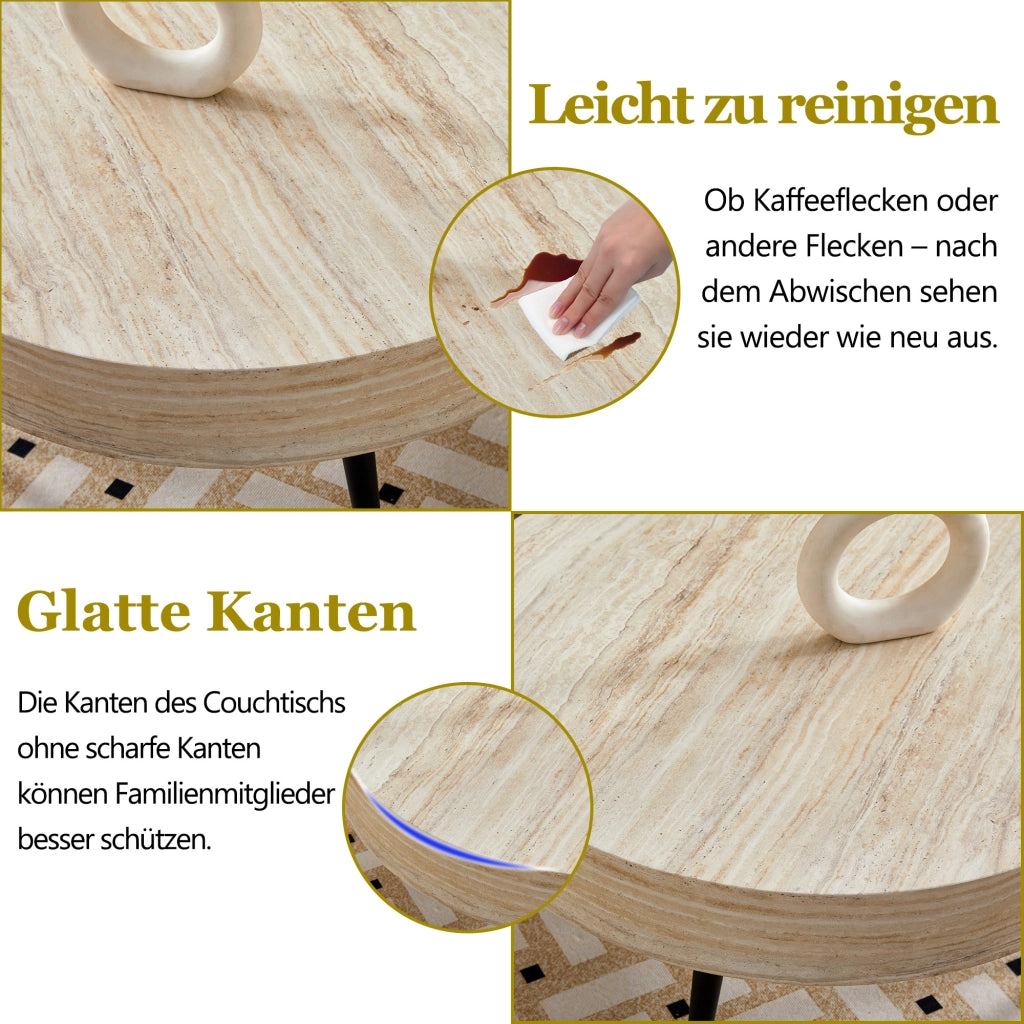 Tavolino rotondo con 1 piano in MDF effetto travertino chiaro; gambe in metallo nere; per soggiorno; Ø 70 × 35;5 cm