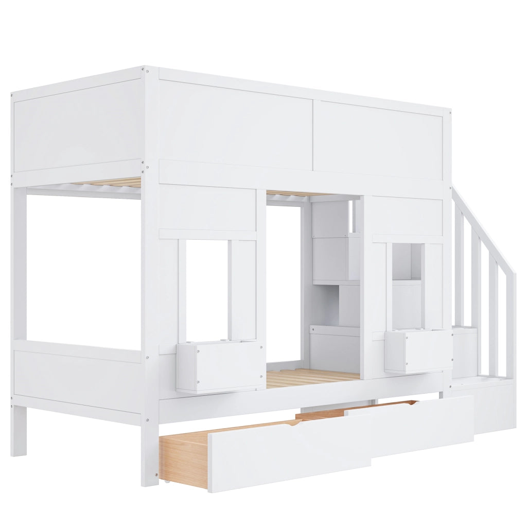 Letto a castello per bambini 90x200 con scale e cassetti; letto a soppalco con finestre; legno; corrimano di sicurezza; risparmio spazio per i bambini