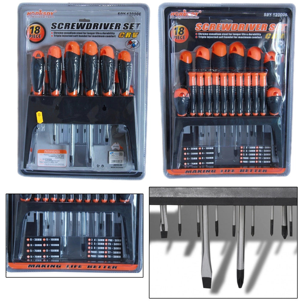 Trade Shop - Kit Set 18 Cacciaviti Cacciavite Con Supporto A Parete Fissi Croce Crv Sdy120006 -