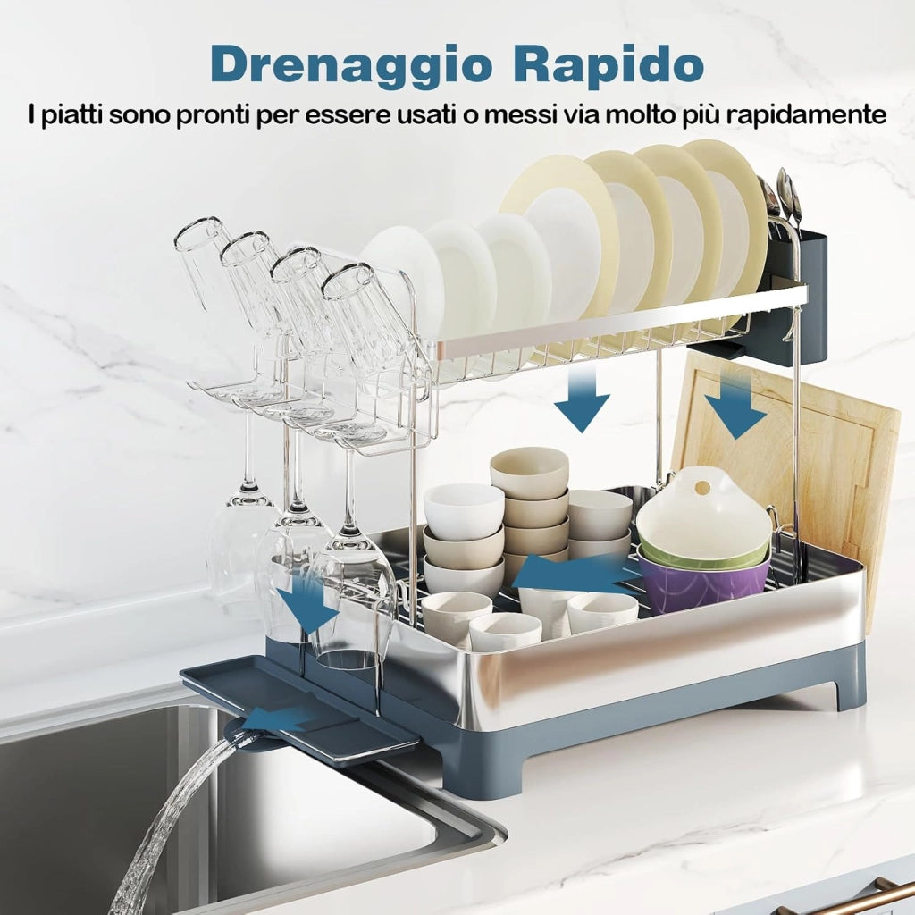 Scolapiatti da Appoggio a 2 Livelli, in Acciaio Inox con Porta Bicchieri, Piatti, Ciotole, Tazze, Posate e Vassoio Raccogligocce, Scolapiatti da Lavello con Ugello Estensibile Girevole a 360°