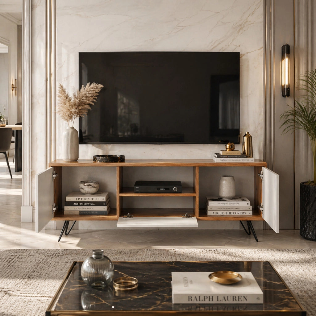 Mobile TV Con 2 Ante Battenti Anta A Ribalta E Vano A Giorno Mobile Porta TV Design Minimal Moderno Per Soggiorno Salotto Zona Living Sala Da Pranzo 137 X 52 X 33 Cm Rovere E Bianco