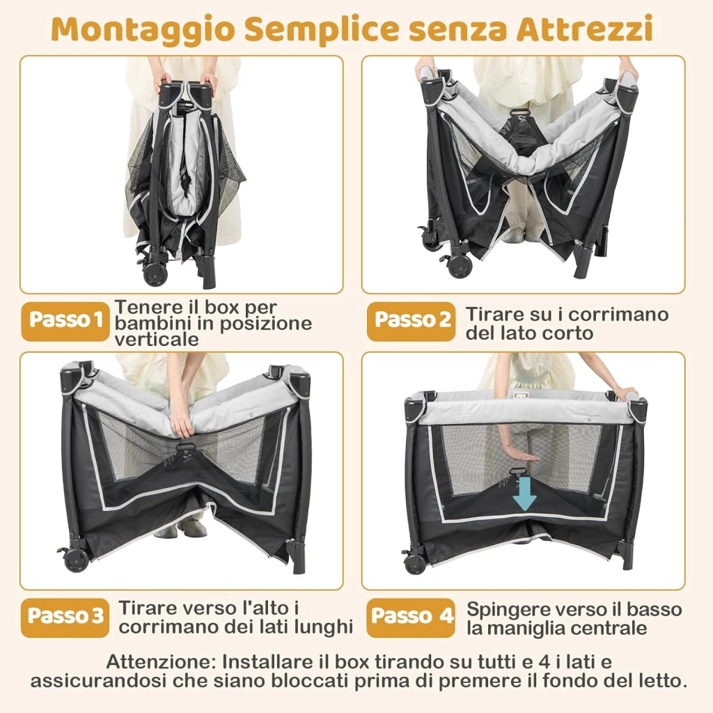 6 in 1 Lettino da Campeggio per Bambini, Culla Viaggio con Materasso, Fasciatoio e Giocattolo, Box Portatile Pieghevole, Ruote Bloccabili, per Banbini 0-3 Anni (Grigio, 105,5 x 73,5 x 77 cm)