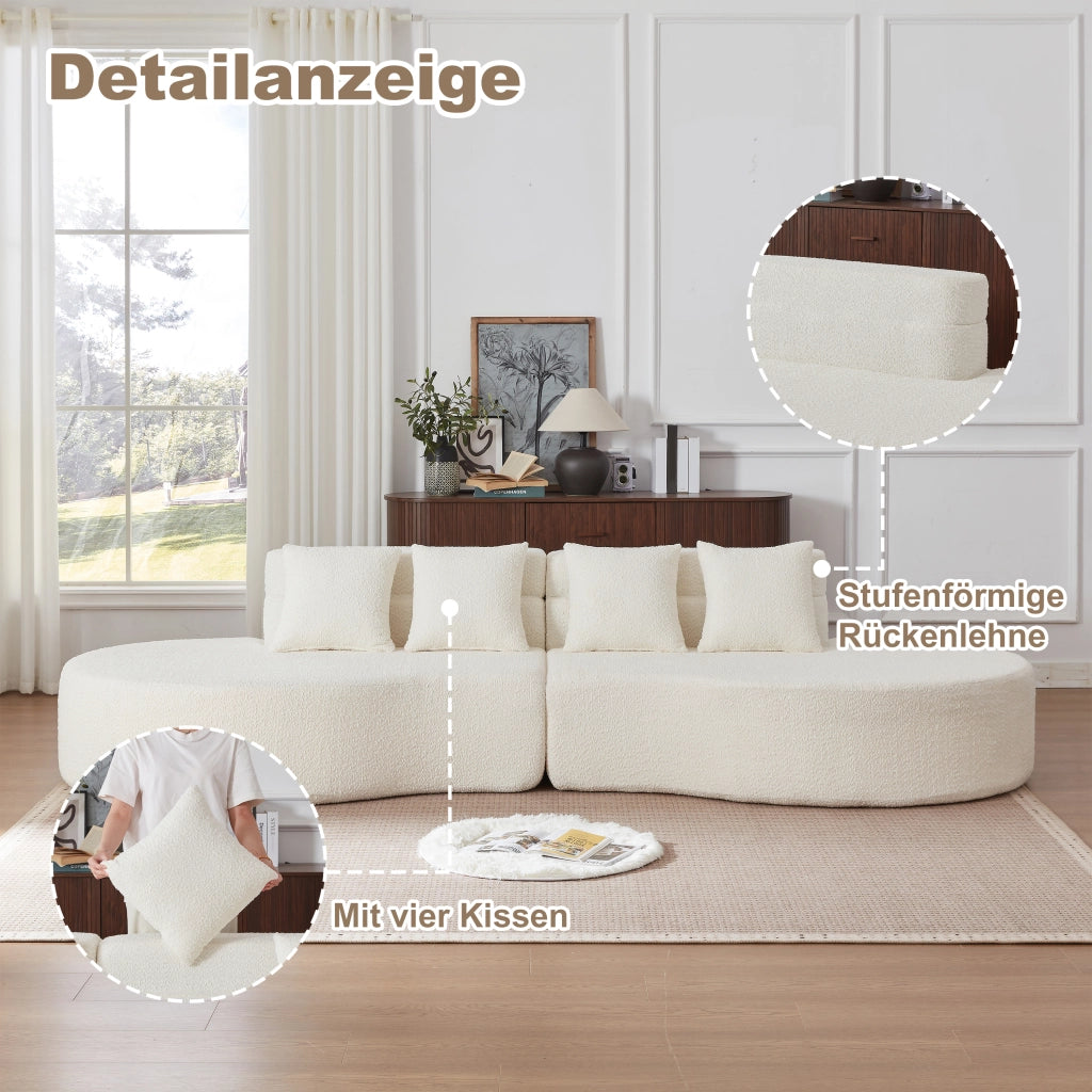 Divano modulare a 2 pezzi in schiuma con schienale a strati e design curvo, in ciniglia beige