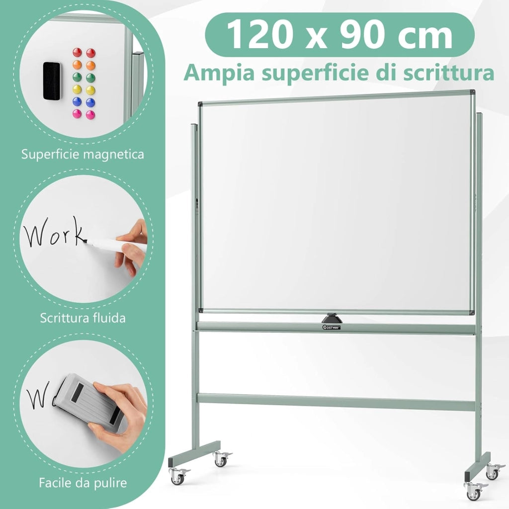 Lavagna Bianca Magnetica Doppia, Lavagna Bianca Regolabile in Altezza e Ruote Bloccabili, 6 Pennarelli, 12 Calamite e 1 Cancellino, Ideale per Scuola, 126 x 53,5 x 160-180 cm (Verde)