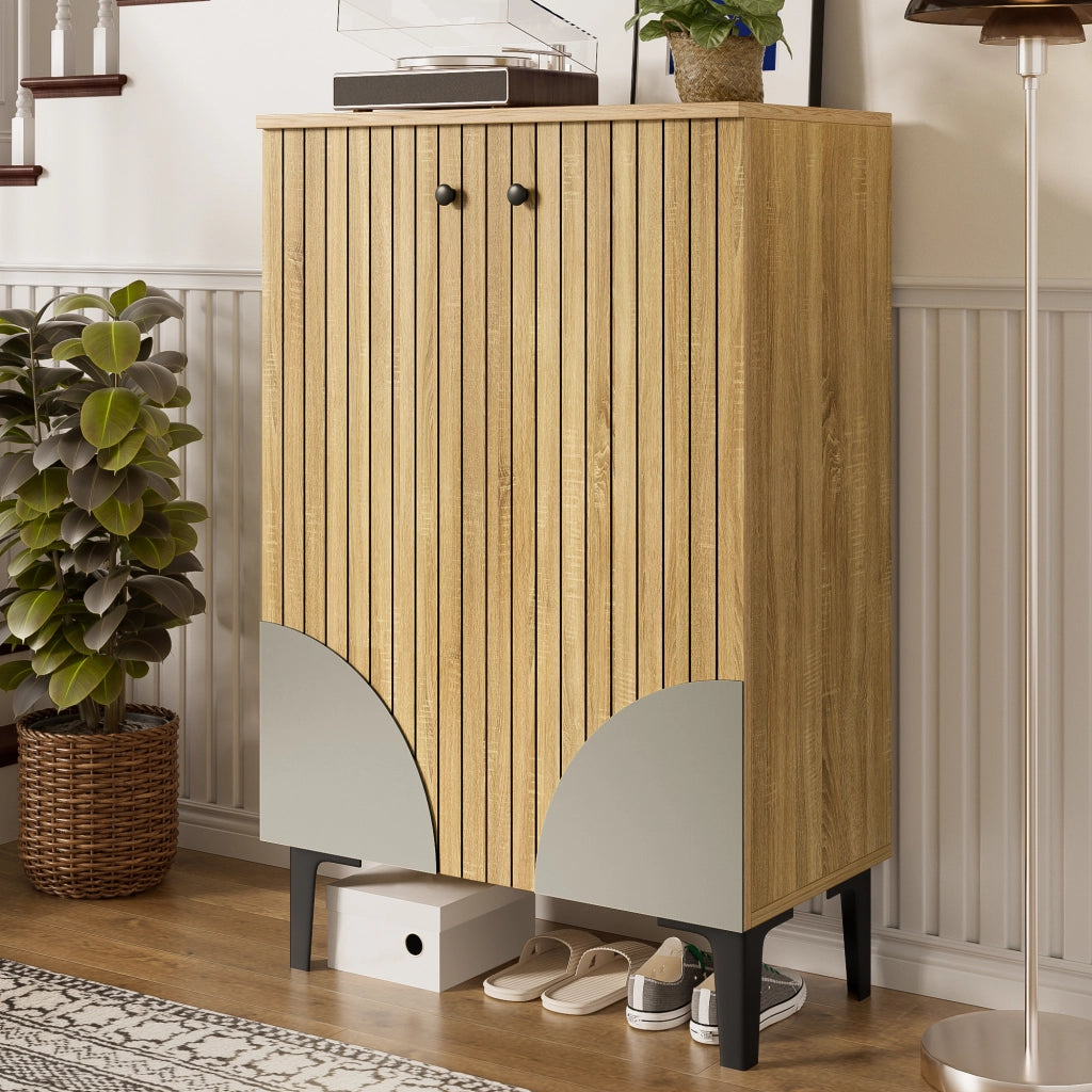 Mobile Scarpiera con 2 Ante e Ripiani; Gambe in Metallo Nero; Stile Moderno; Ingresso; in MDF; Naturale; 60×32×94 cm