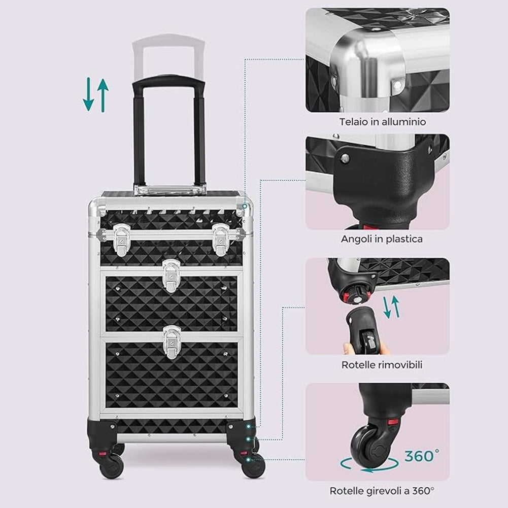 Trolley Makeup Alluminio Valigetta Trucco Estetista Beauty Case Nero