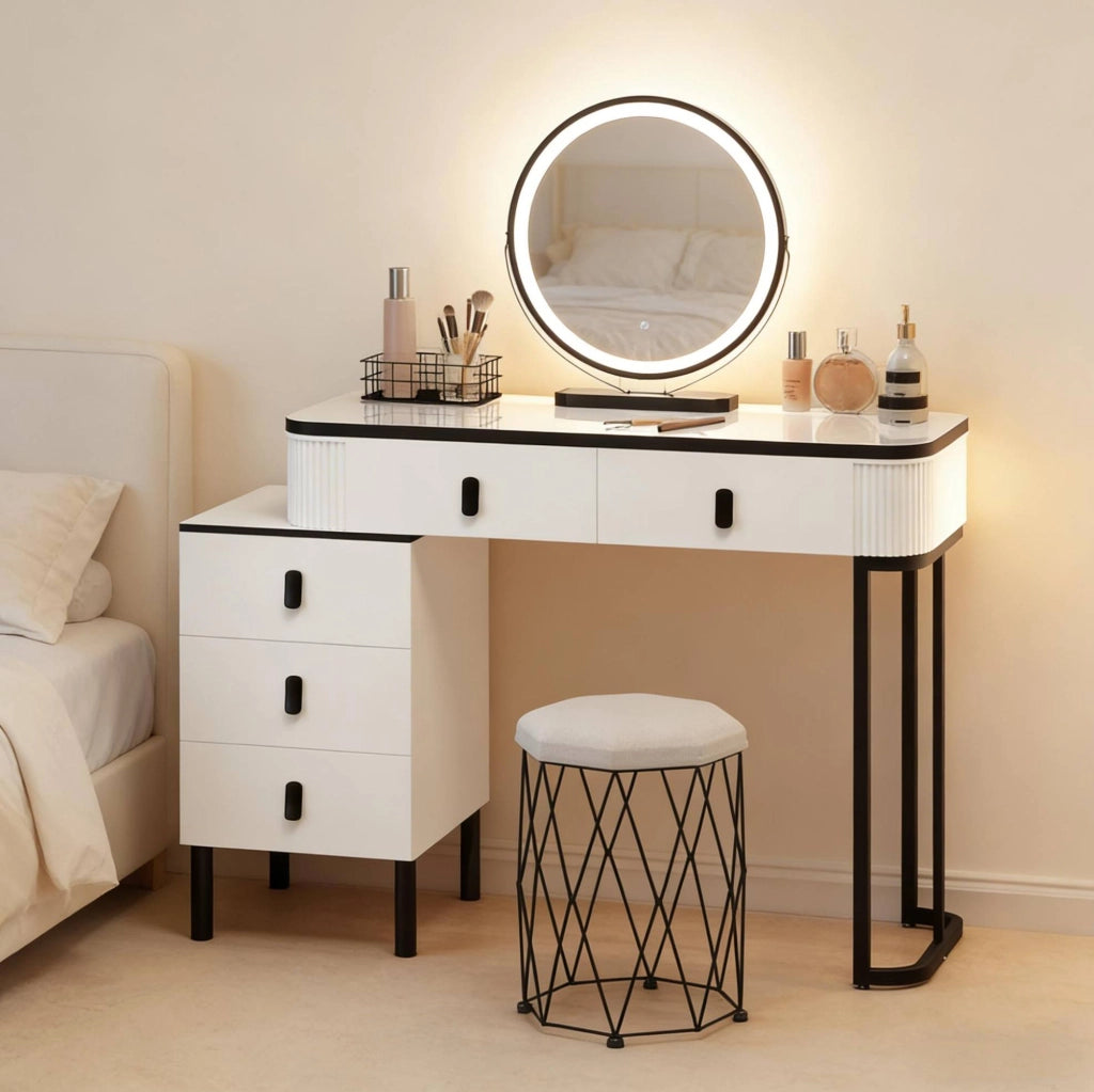Tavolo da Trucco con Specchio LED Dimmerabile e Sgabello in Velluto Bianco e Nero