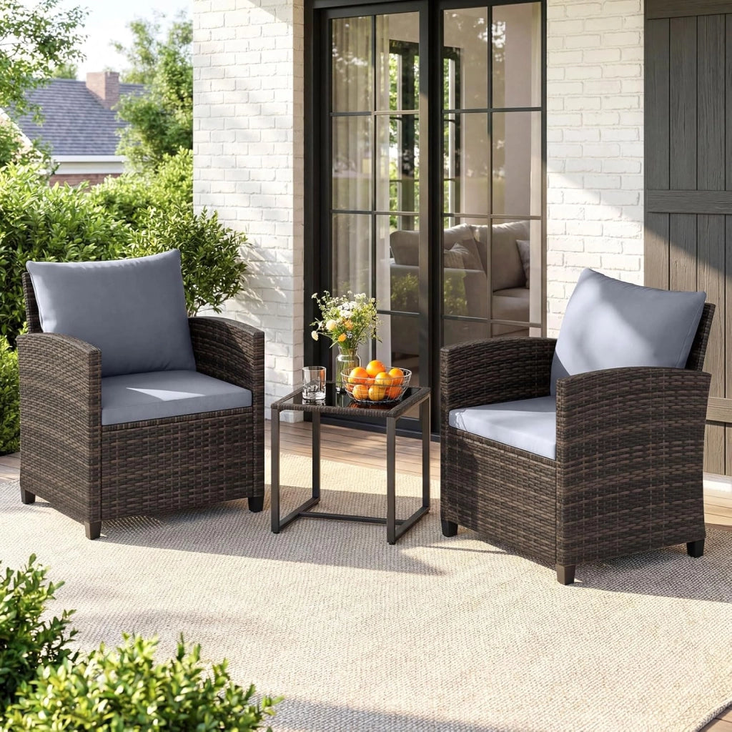 Set Mobili da Giardino 3 Pezzi, Salotto da Esterno in Rattan PE con 2 Poltrone e 1 Tavolino in Vetro Temperato, Set da Conversazione con Cuscini Sfoderabili per Patio (Grigio, Modello 5)