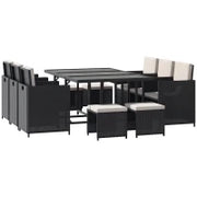 Set 11 PZ Mobili da Giardino in Rattan da Esterno con Tavolo in Vetro Temperato e Cuscini, Set da Pranzo, Nero