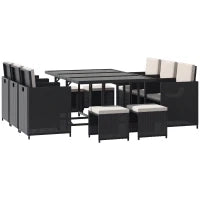 Set 11 PZ Mobili da Giardino in Rattan da Esterno con Tavolo in Vetro Temperato e Cuscini, Set da Pranzo, Nero