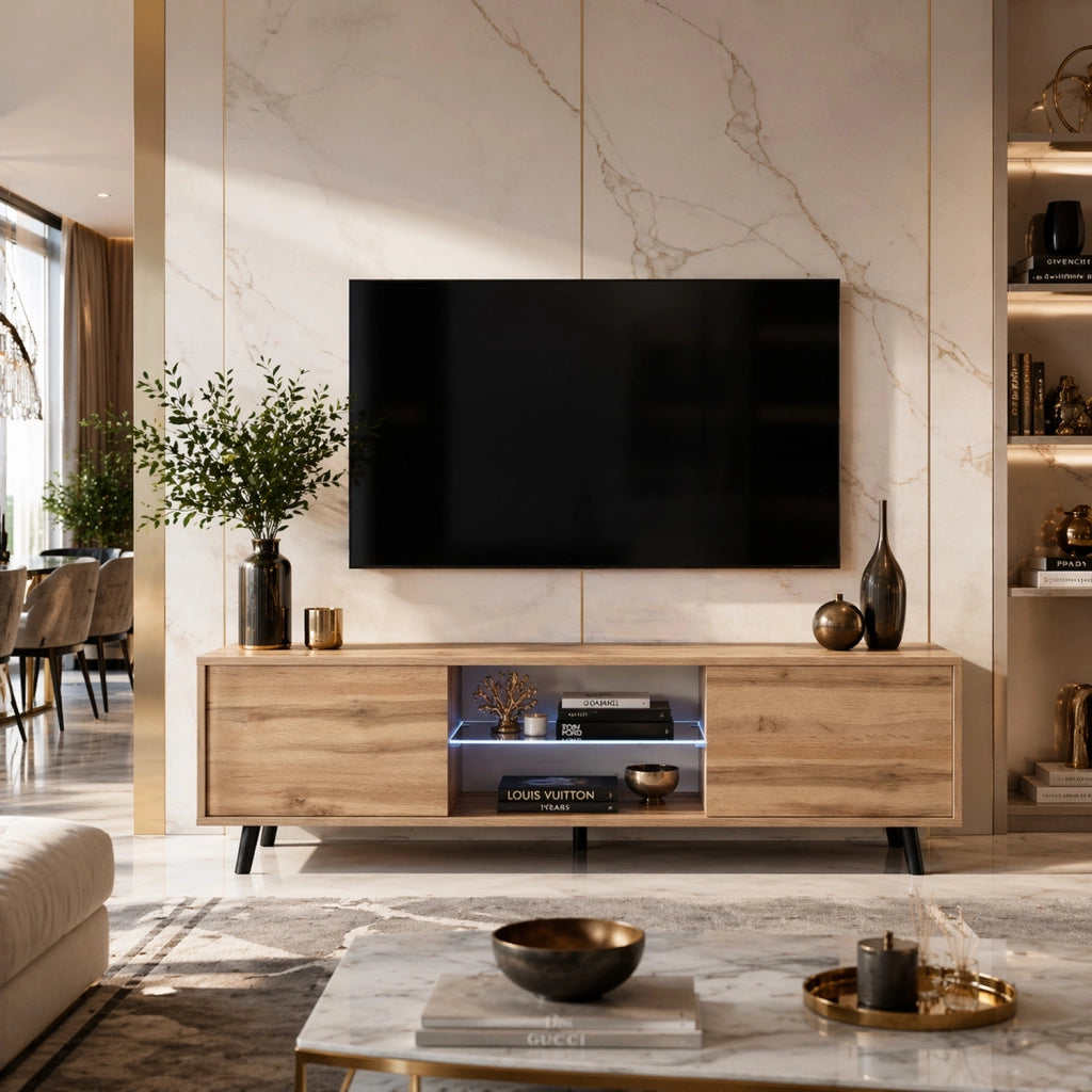 Mobile TV In Melaminico Con 2 Ante Battenti Vano Centrale Con Ripiano In Vetro E LED Piedini In Metallo Per Soggiorno Salotto Zona Living 140 X 31.5 X 40 Cm Rovere
