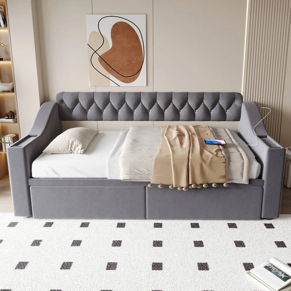 Letto Imbottito con Cassetto e USB ¨C MINIMAL ¨C Velluto Grigio Scuro 90x190