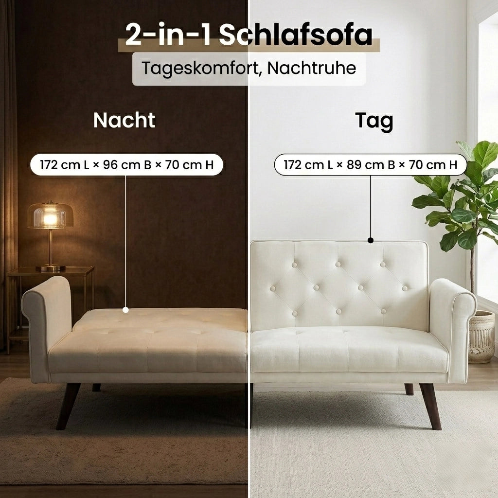 Divano Convertibile 2 Posti con Schienale Regolabile e Letto Ospiti, in Velluto, Beige, 172 × 89 × 70 cm