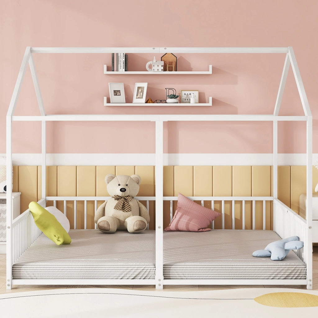 OKWISH Letto a Casetta 90×200 cm, Letto Singolo con Sponda di Sicurezza, Scala e Design a Doppio Letto, senza Materasso, Metallo Bianco