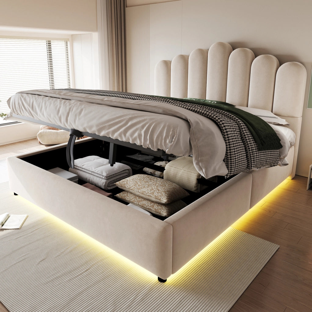 Letto imbottito 140x200 cm con contenitore idraulico; LED e testiera unica in velluto beige