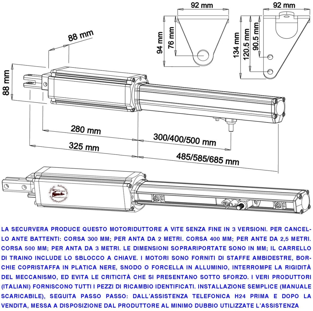 Pistone Cancello Automatico 2,5 Metri Motore 24 Vcc Corsa 400 mm con Sblocco a Chiave Ricambio Automazione Originale Securvera con Finecorsa Meccanici Completo di Staffe Bulloni Ricambio Universale
