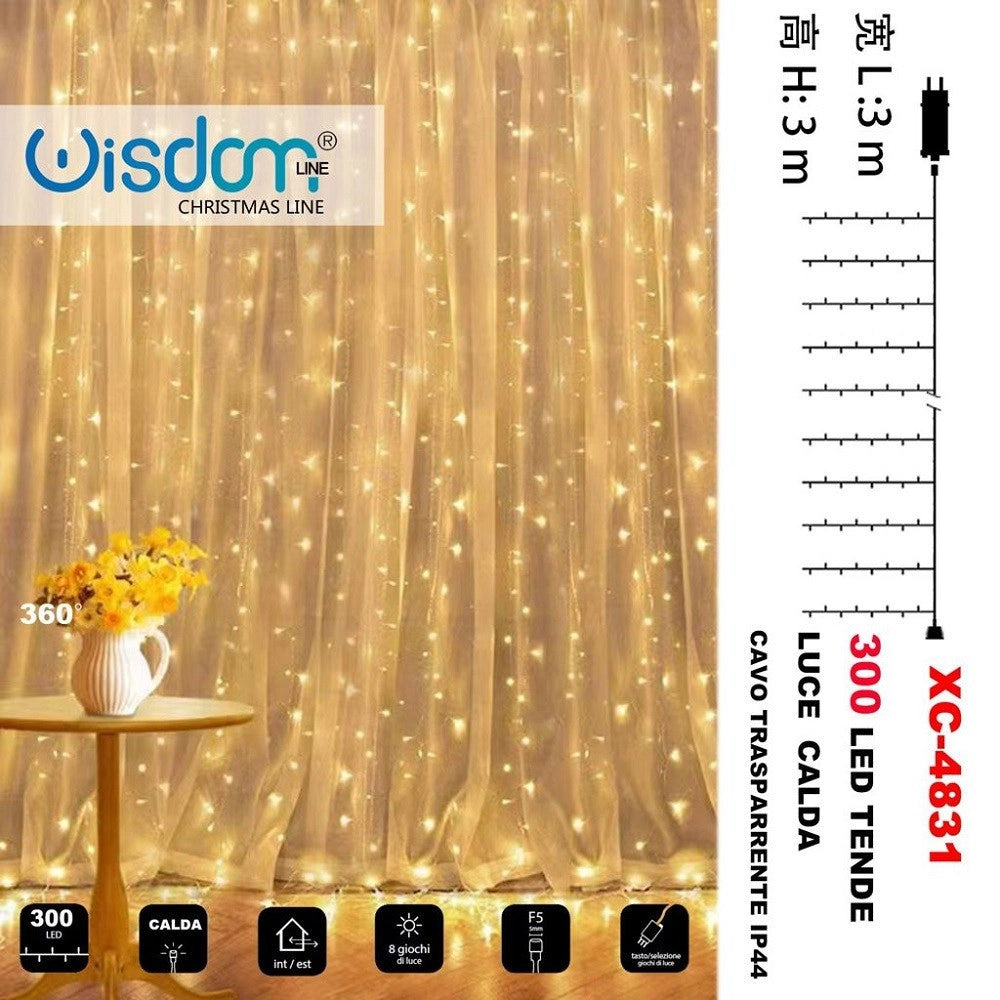 Trade Shop - Tenda Luminosa Natalizia 300led Luce Calda Cavo Trasparente 8giochi Luce Xc-4831 -