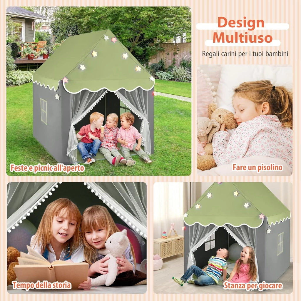 Tenda da Gioco per Bambini, Tenda Castello con Tappetino Lavabile, Luci a Forma di Stella, per Interno ed Esterno, 105 x 121 x 136 cm (Verde)