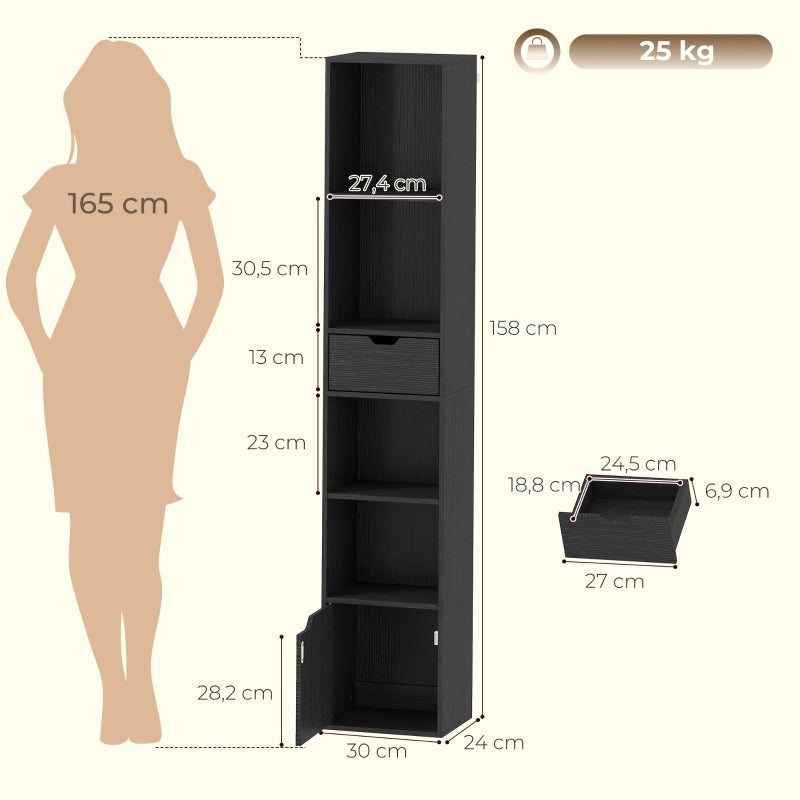 LIBRERIA 30 x 24 x 158 cm Nera con cassetto e ripiano regolabile