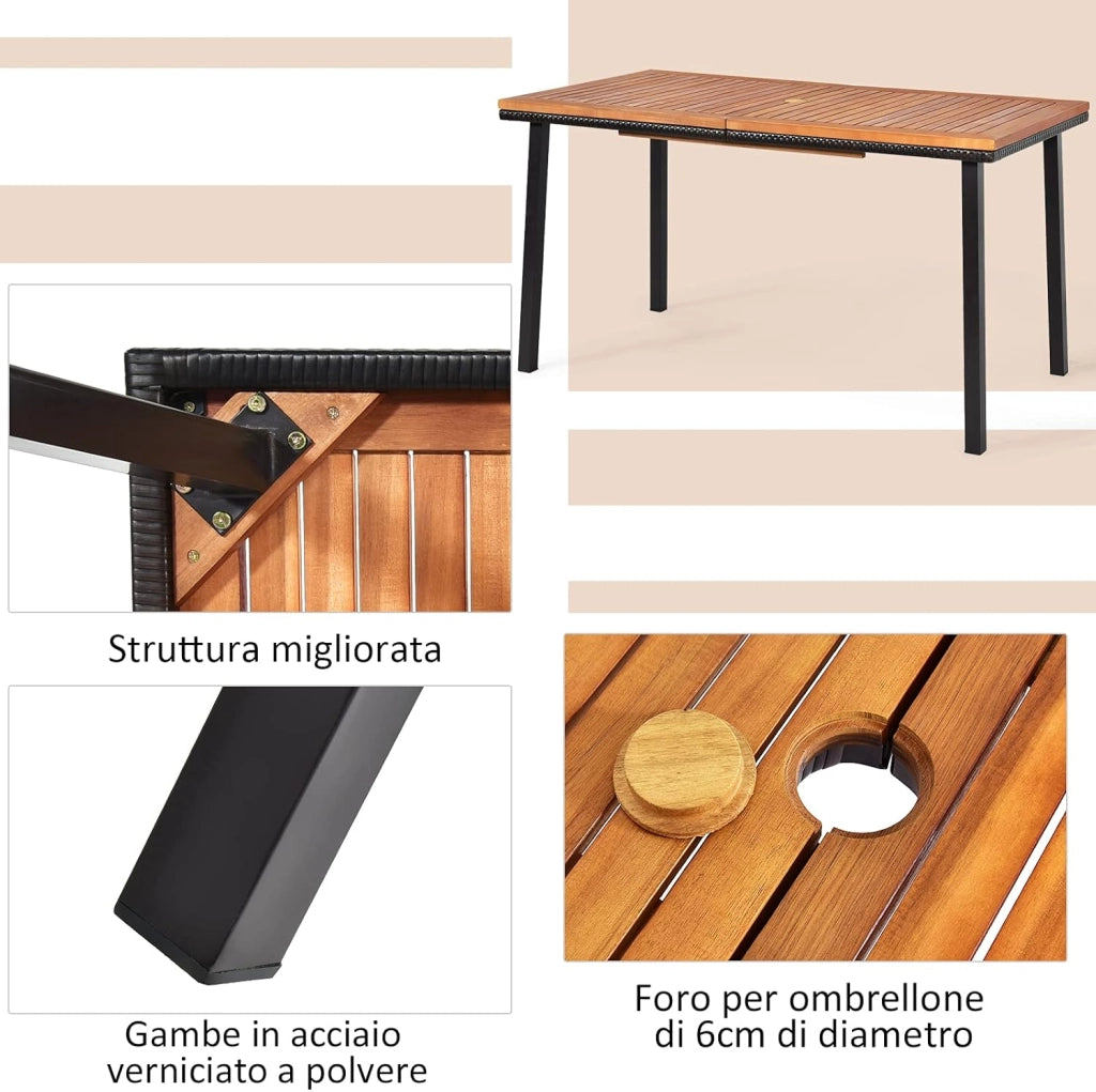 Tavolo da Giardino in Legno di Acacia, Tavolo Rettangolare con Struttura in Acciaio e Foro per Ombrellone, Ideale per Giardino Cortile Balcone, 140 x 75 x 76 cm