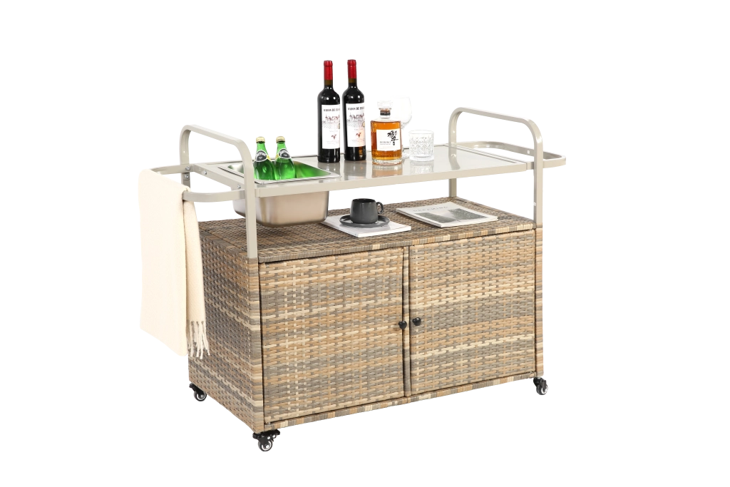 Tavolo da bar esterno; carrello da bar in vimini con armadio; carrello da cortile con piano in acciaio; con un secchio del ghiaccio; ruote chiudibili; cesto laterale per giardino; a bordo piscina e giardino; beige