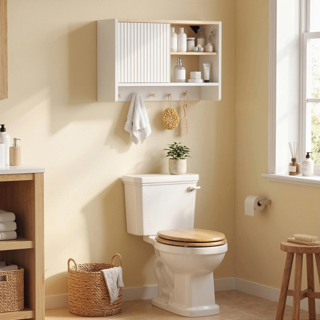 Armadietto da bagno sospeso con ante, ripiani e 5 ganci ¨C zephmum ¨C bianco 60x30x30