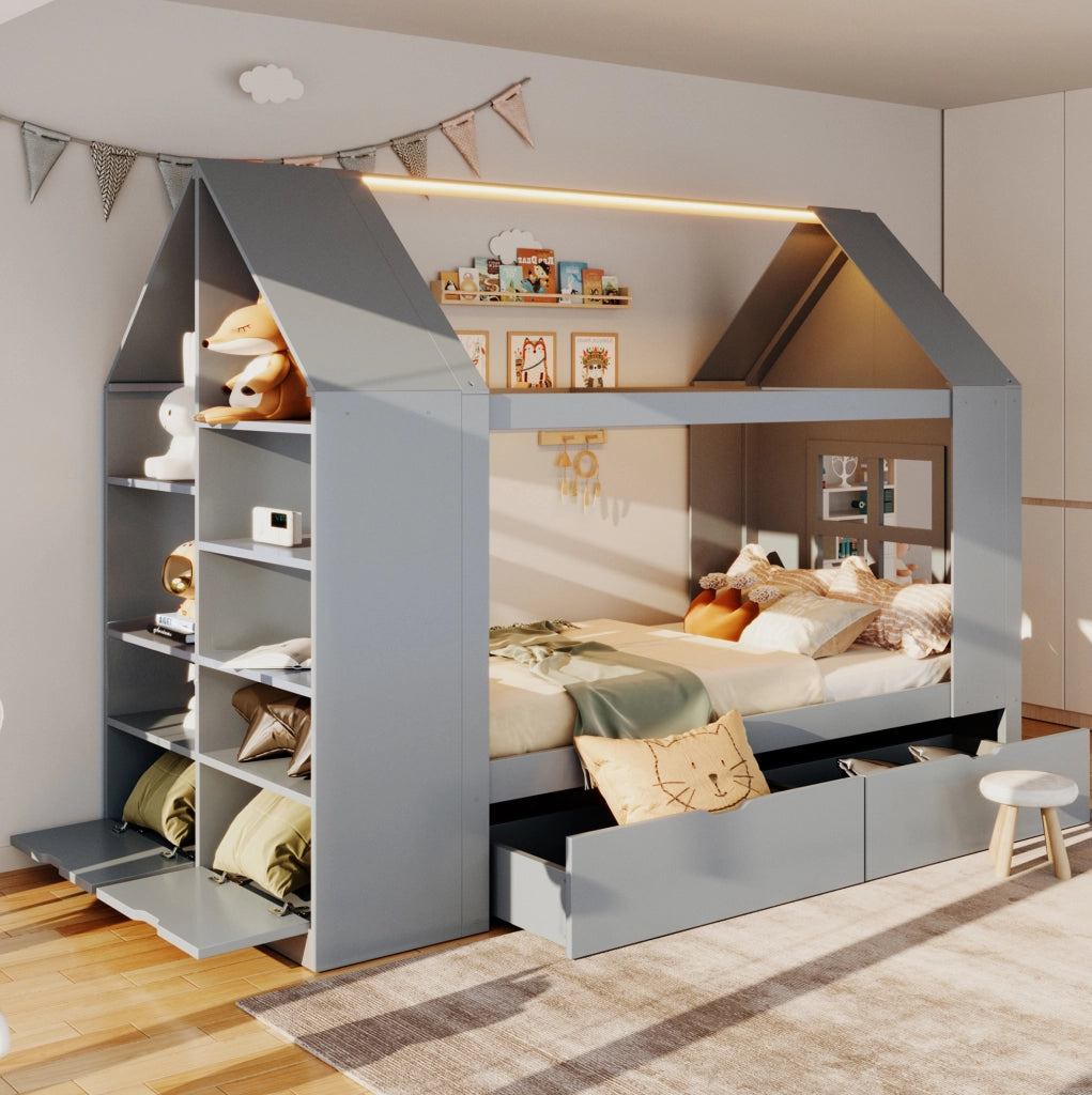 Letto per bambini a forma di casa 90x200 cm con LED; 2 cassetti e vano contenitore; grigio