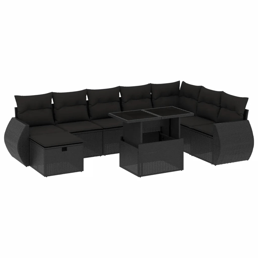 Set Divani da Giardino 9 pz con Cuscini Nero in Polyrattan 3275185