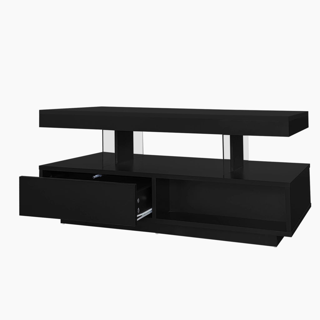 TAVOLO BASSO 95x50x42,5 cm Nero Lucido con 4 inserti in vetro, 2 cassetti e 2 vani aperti