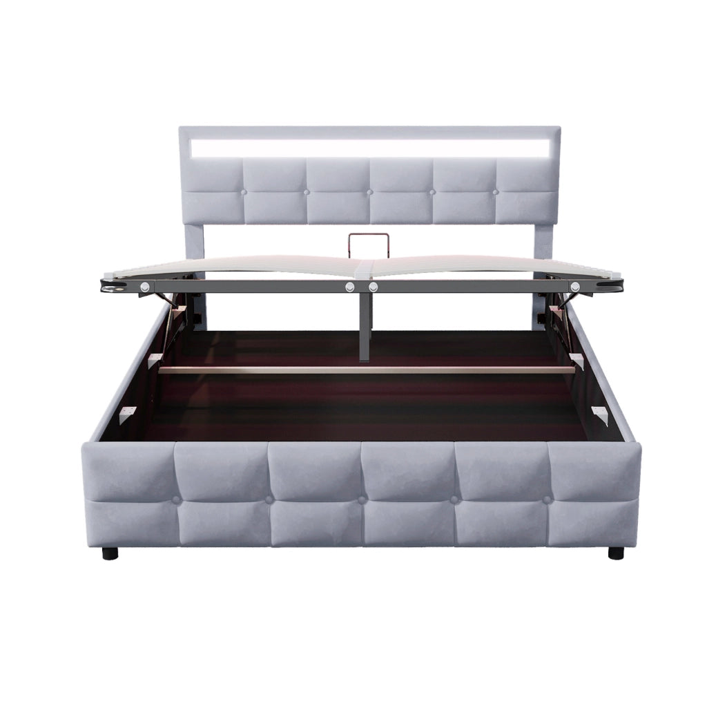 Letto imbottito 180x200 cm con LED e rete a doghe; velluto; grigio