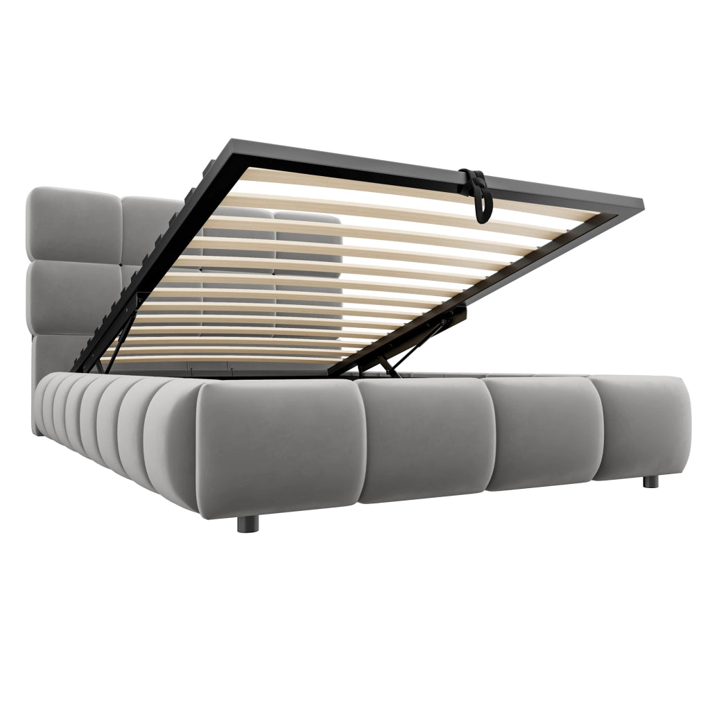Letto Contenitore 90 x 200 cm; Letto Singolo con LED Regolabile - Imbottito - Grigio