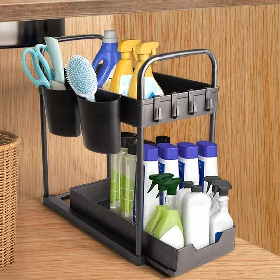 Organizzatore per l'angolo doccia, 2 piani, organizzatore per l'angolo doccia, lavabo sotto il piano, griglia con 4 ganci e 2 contenitori, organizzatore per la cucina, zona lavastoviglie, armadio, nero
