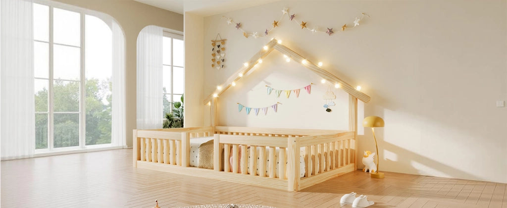 LETTO Casetta 90x200 cm in legno Naturale con luci LED