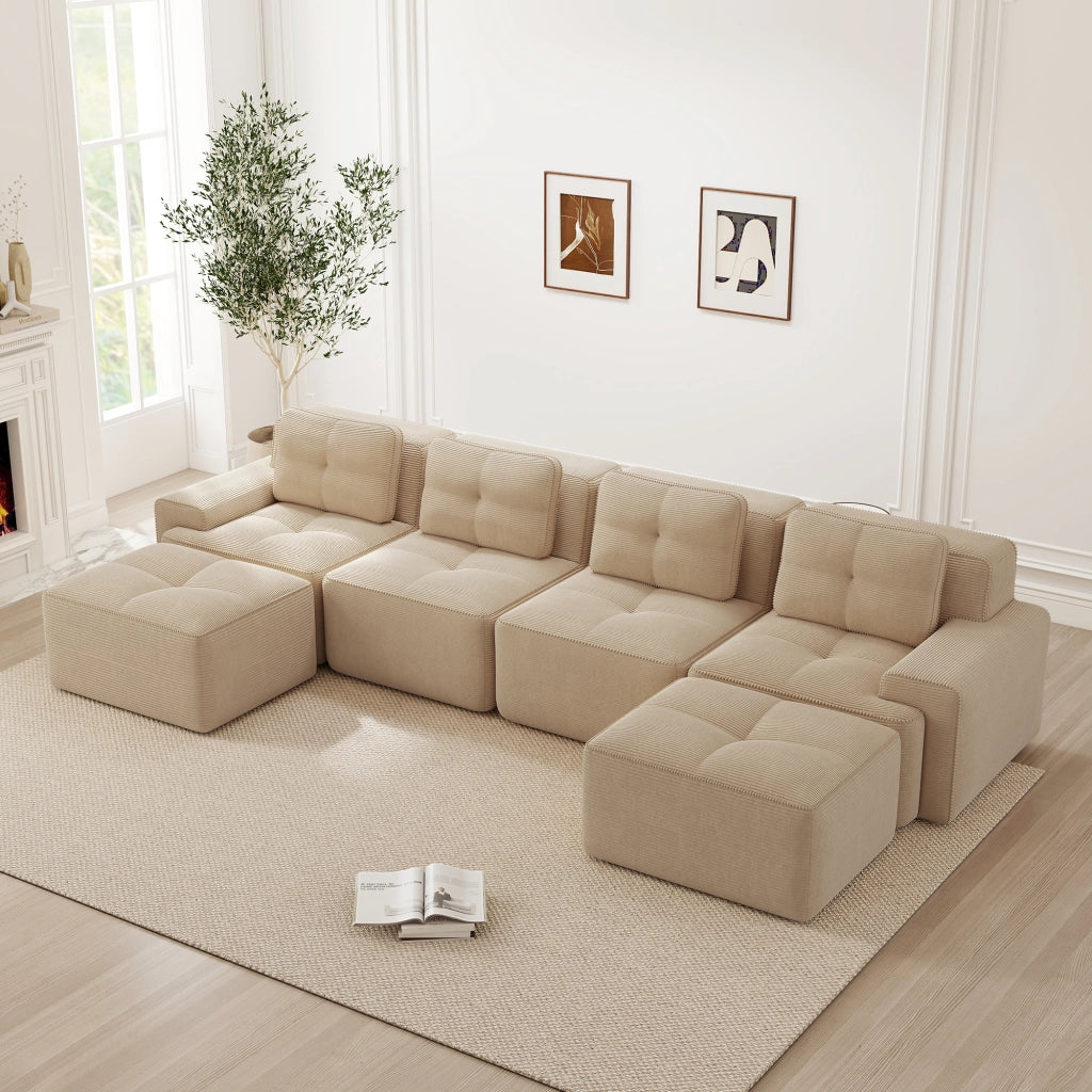 Divano modulare 4 posti - con seduta profonda e base antiscivolo - in corduroy - beige