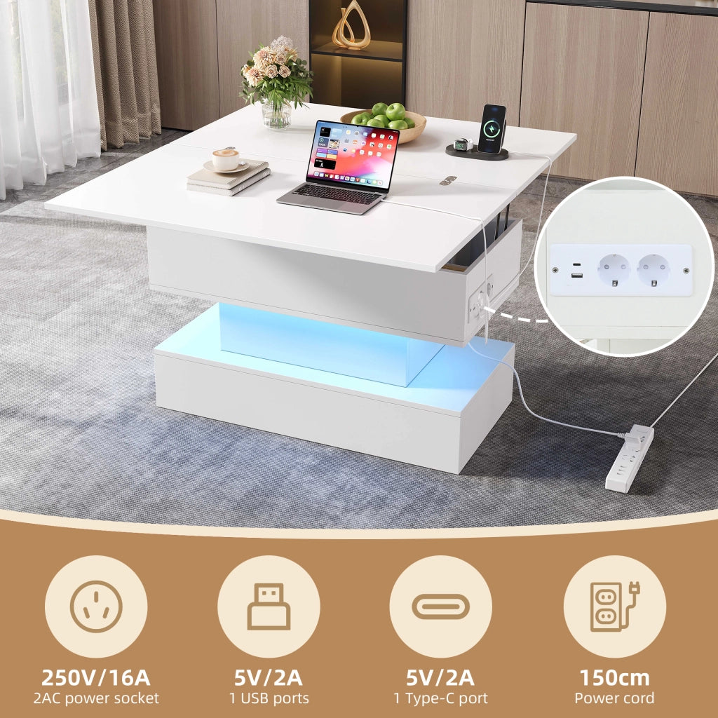 Tavolino basso sollevabile con LED e presa, vano contenitore, per soggiorno, bianco, 100 × 50 × 51,5 cm