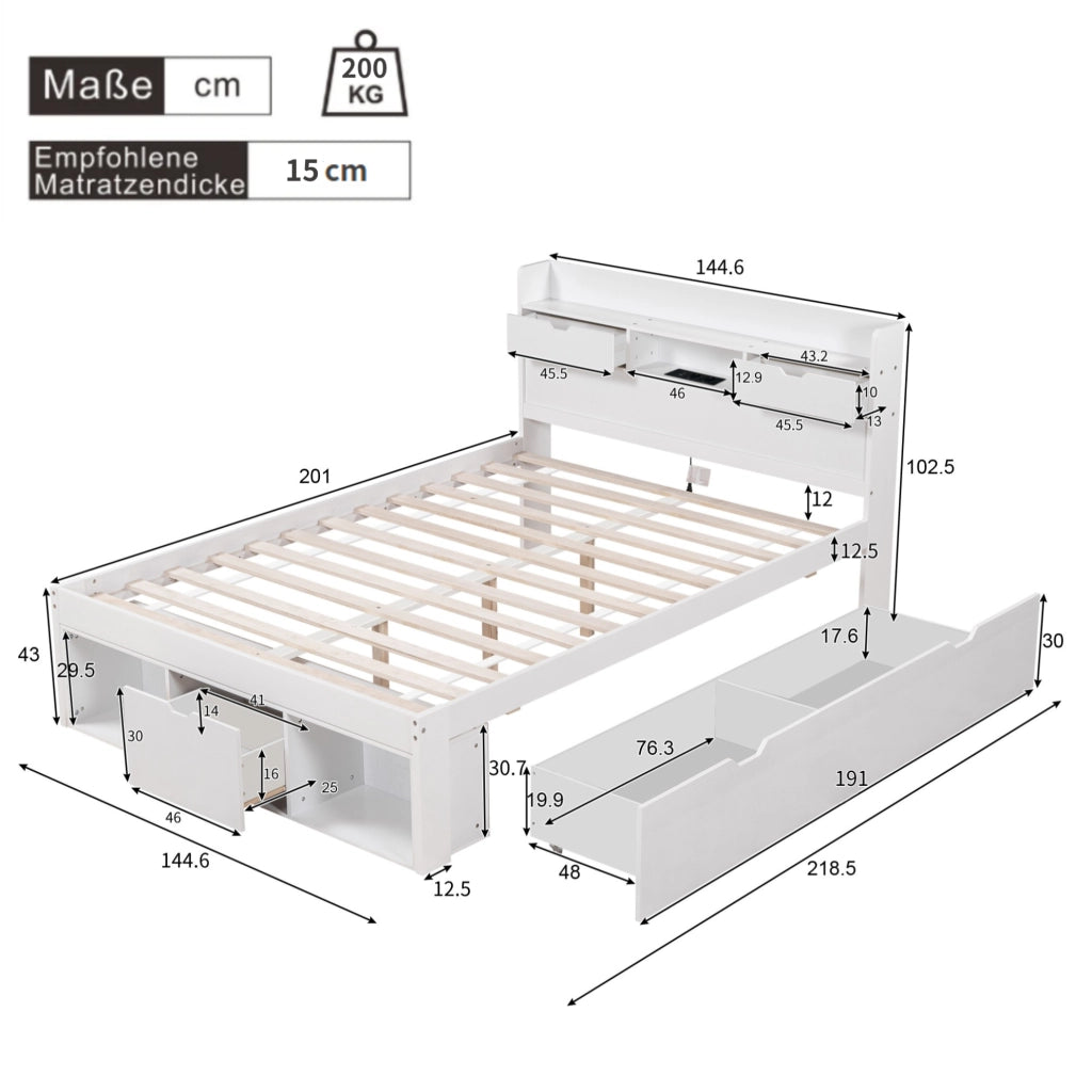 Letto matrimoniale 140x200 cm con USB; Type-C; cassetti e vani contenitore; bianco