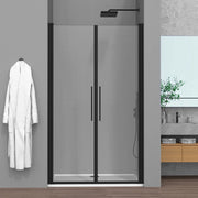 Porta doccia con apertura Saloon per nicchia 90cm in vetro temperato trasparente con profili nero Neos
