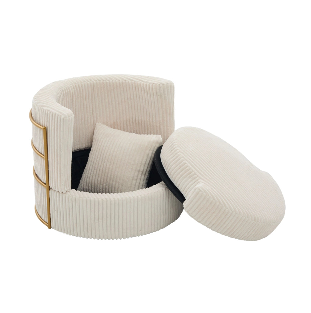 Poltrona girevole 360° in velluto a coste beige con contenitore; 76x79x78 cm