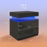 Comodino LED a 16 Colori e 4 Modalità con 2 Cassetti, in Legno, 45x35x52 cm, Nero