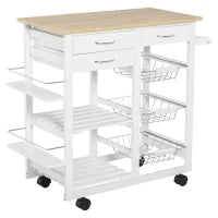 Carrello da Cucina con Ruote, Mobile da Cucina Salvaspazio in Legno Massiccio: 3 Cassetti, 3 Cestelli, 2 Portaspezie, 2 Ripiani, 92x37x82 cm