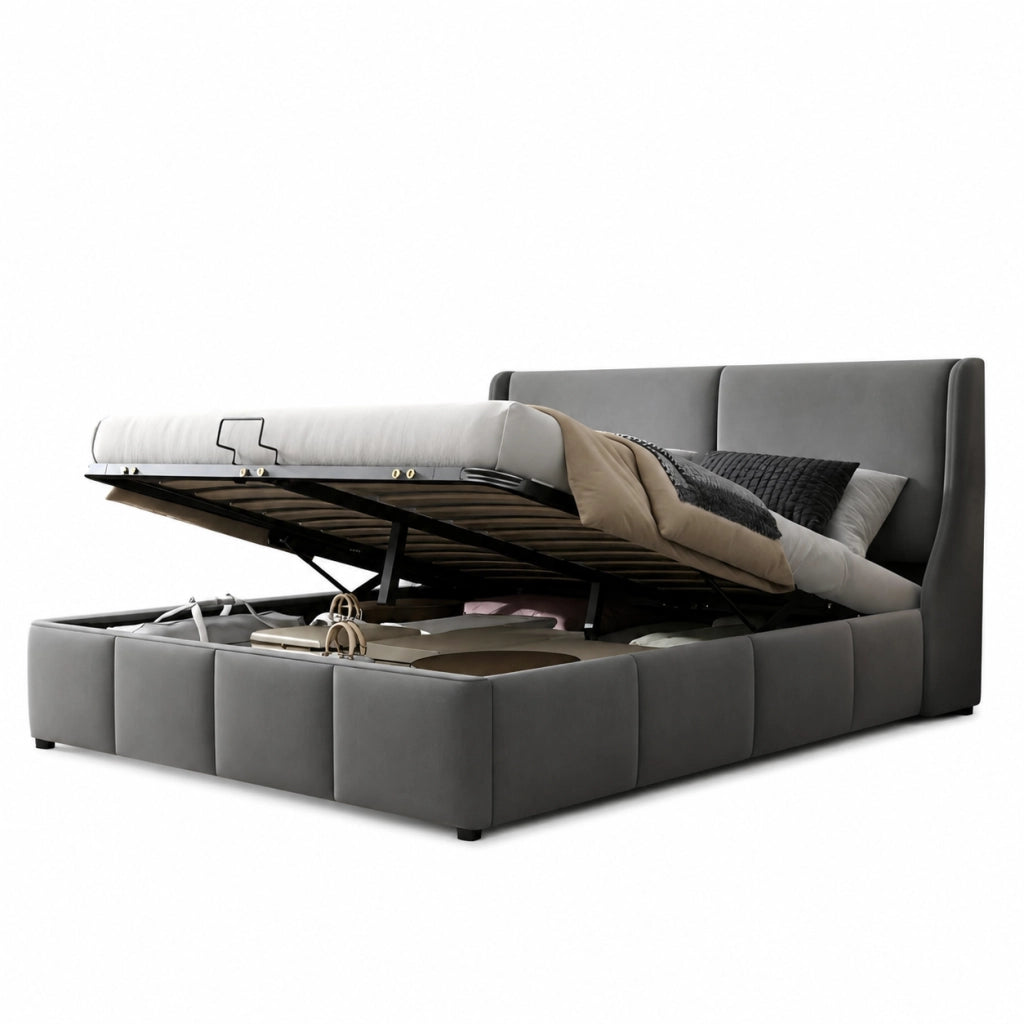Letti contenitori 160x200 cm con contenitore; testiera a orecchie; velluto grigio (Senza materasso)