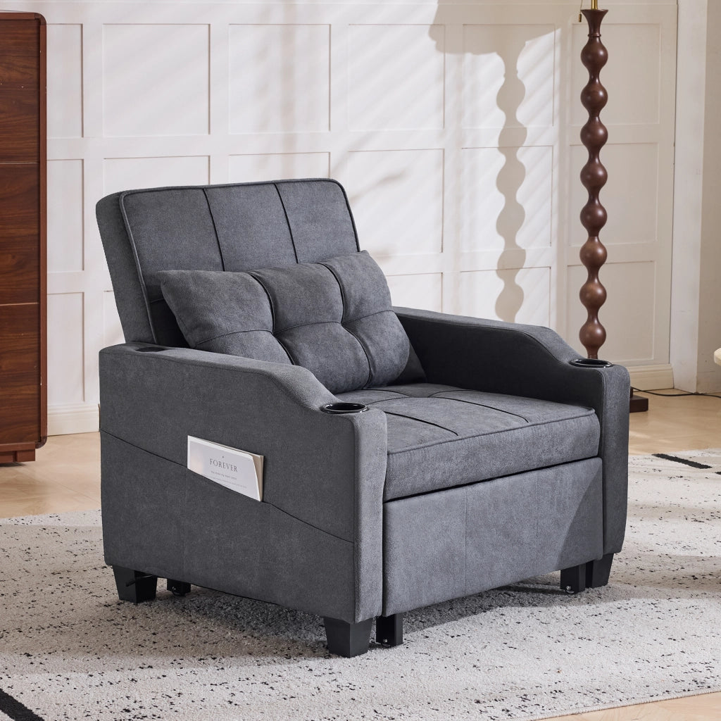 Poltrona letto 3 in 1 con schienale regolabile, porta USB, porta bicchieri e tasca laterale, grigio scuro 74 × 87 × 84 cm